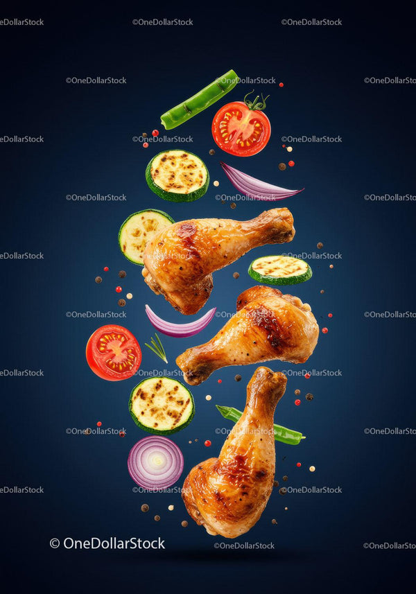 Grilled chicken drumsticks with fresh vegetables floating