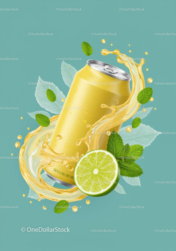 Refreshing Lemon Lime Soda Can with Splash and Mint JPG Mockup Image