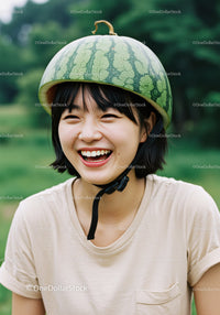 Happy woman wearing watermelon helmet outdoors