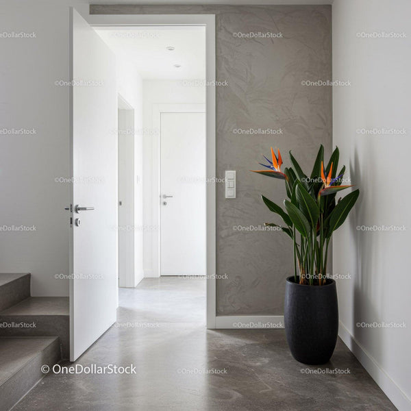 Modern Interior with Potted Tropical Plant and Gray Wall in Entryway
