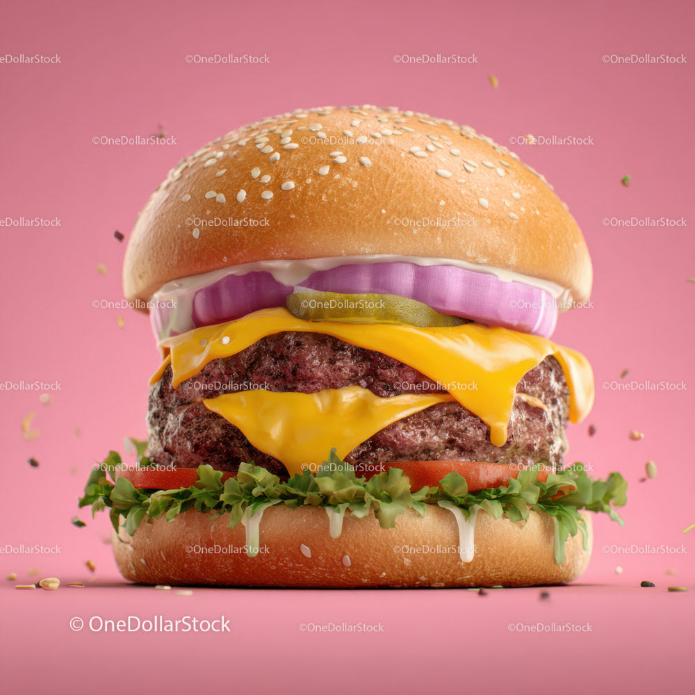 Soczysty cheeseburger z sałatą, pomidorem, serem i ogórkami kiszonymi na różowym tle