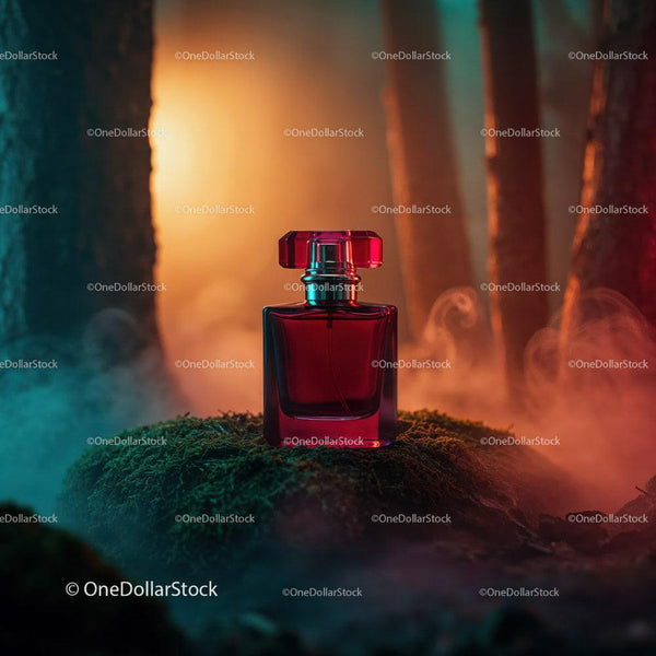 Red Glass Perfume Bottle in Mysterious Ambient Scene JPG Mockup Image