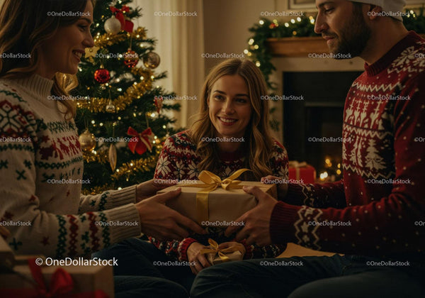 Friends Exchanging Gifts Next to Christmas Tree