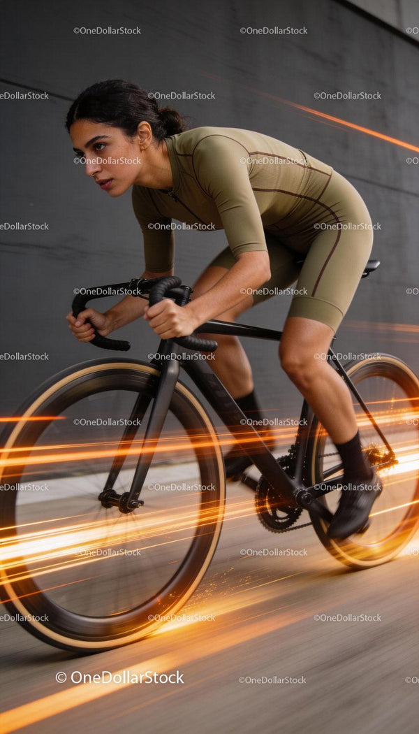 Focused cyclist riding fast on urban street