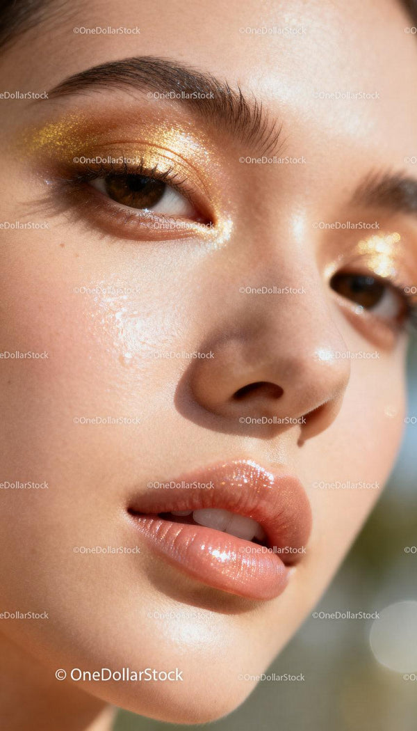 Close-up of woman with shimmering gold eye makeup