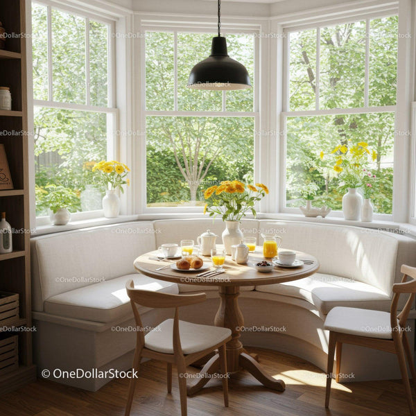 Cozy breakfast nook with natural light and flowers