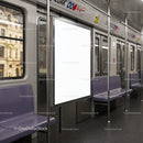 Empty subway train car with blank advertisement display