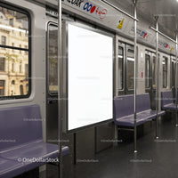 Empty subway train car with blank advertisement display