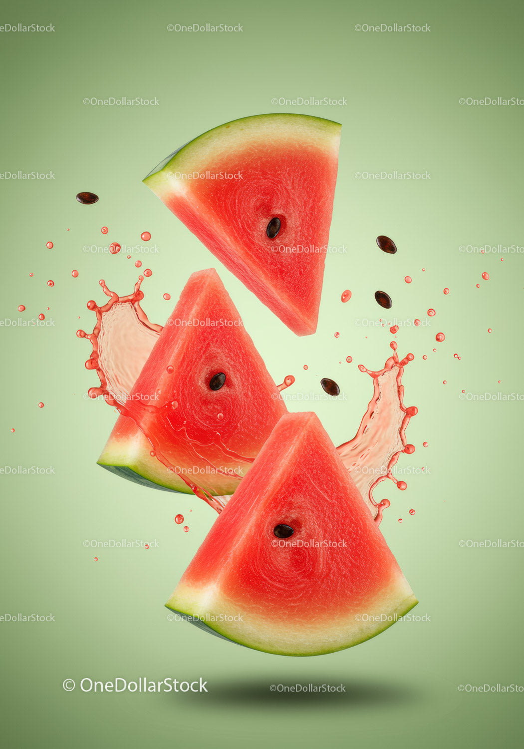Three juicy watermelon slices with splashing juice
