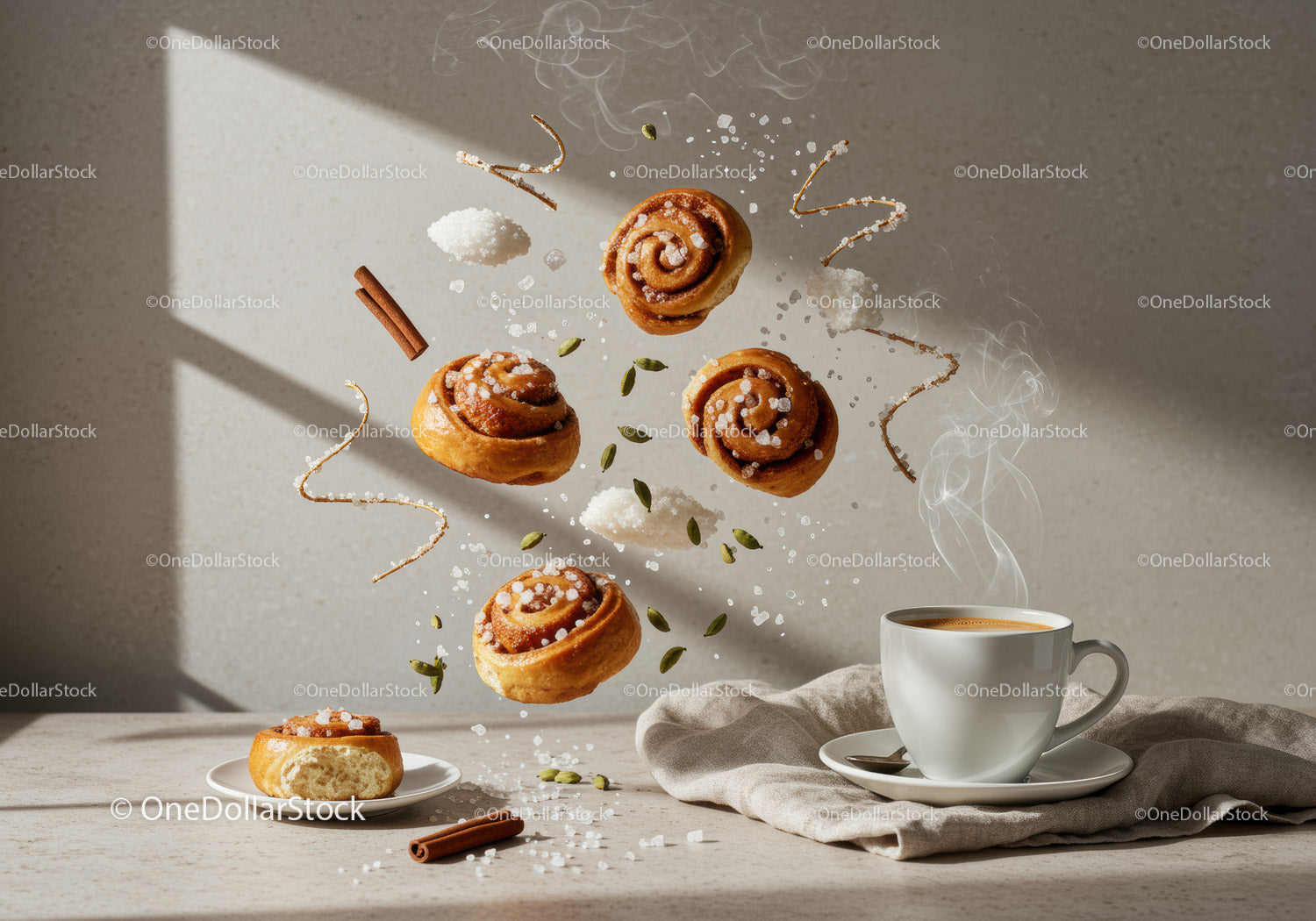 Fresh cinnamon rolls with steaming coffee cup morning scene