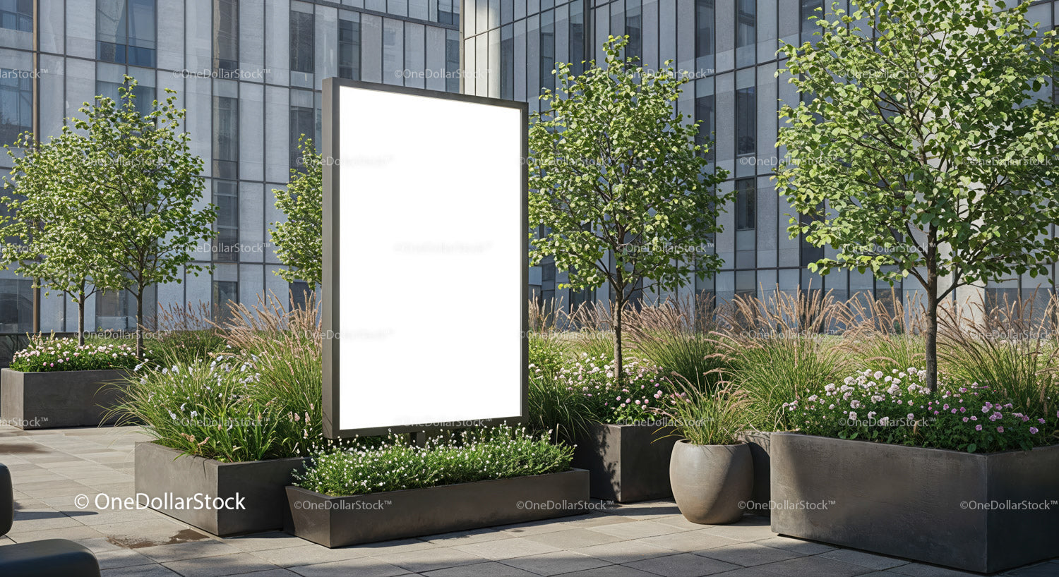 Urban courtyard with blank advertising billboard and greenery