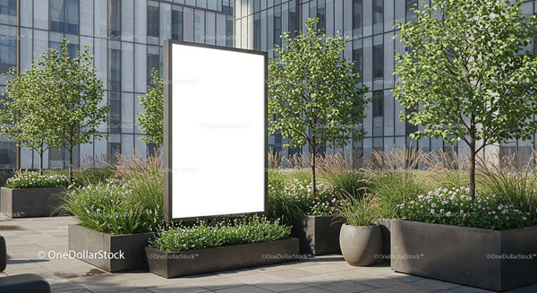 Urban courtyard with blank advertising billboard and greenery JPG Mockup Image