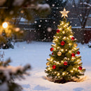Outdoor Christmas tree glowing warmly with snowflakes