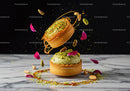 Elegant pistachio tart with caramel and flower petals