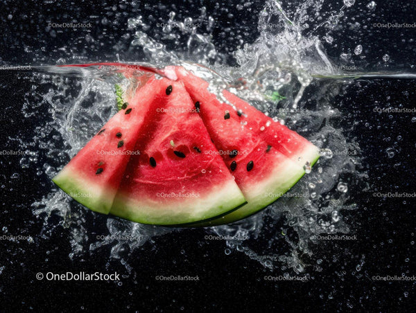 Watermelon Slices Splashing into Water on Black Background