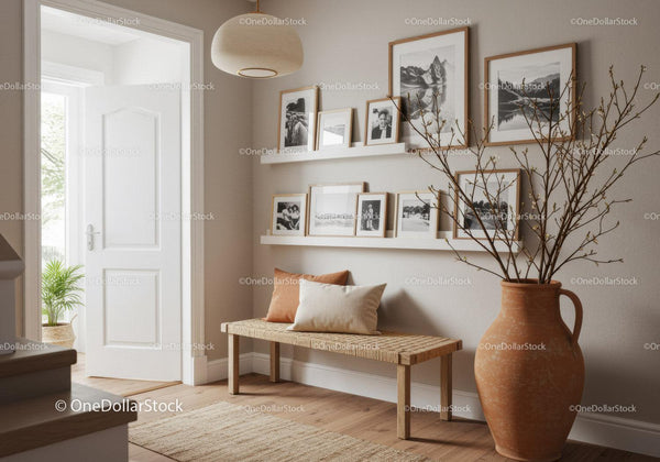 Cozy minimalist hallway with wooden bench and decor