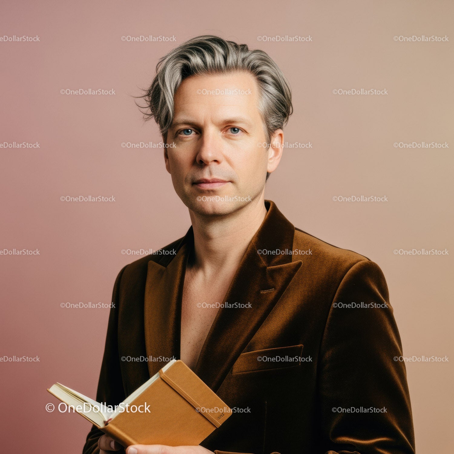 Elegant Middle-Aged Man Reading a Book in a Stylish Velvet Blazer