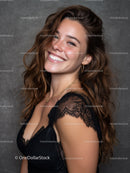 Elegant Smiling Woman with Wavy Hair and Black Lace Dress