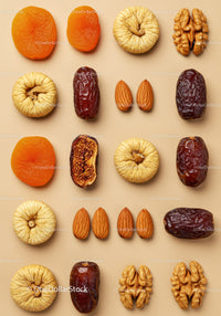 Assorted dried fruits and nuts arranged on beige background