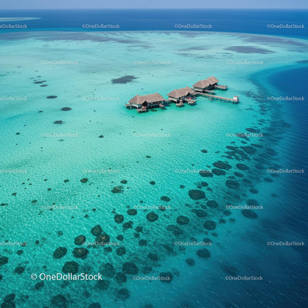 Overwater Bungalows in Turquoise Waters with Coral Reef Scenery