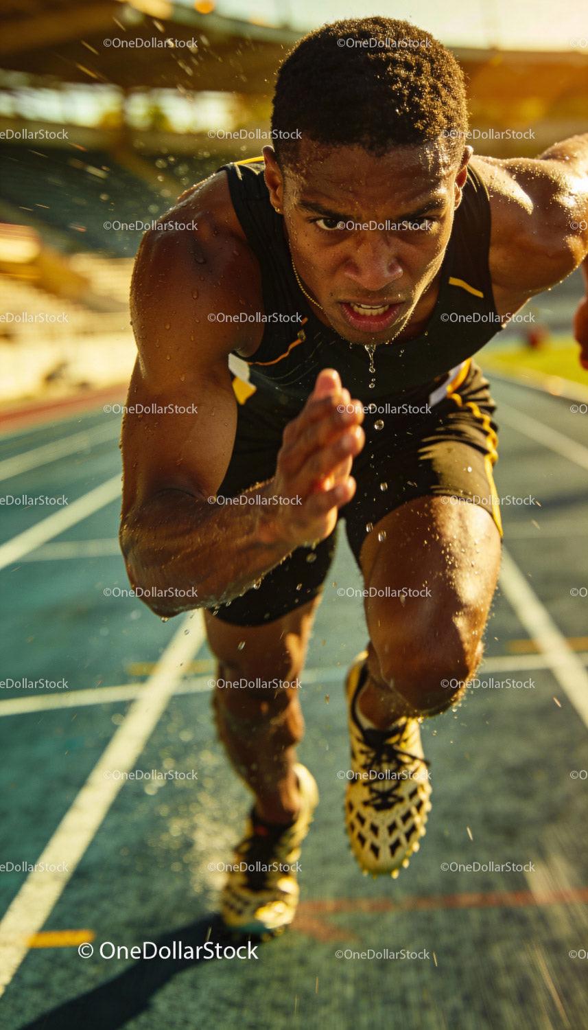 Focused sprinter launching powerfully from start line