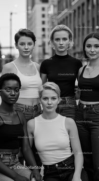 Five diverse women posing confidently in urban setting