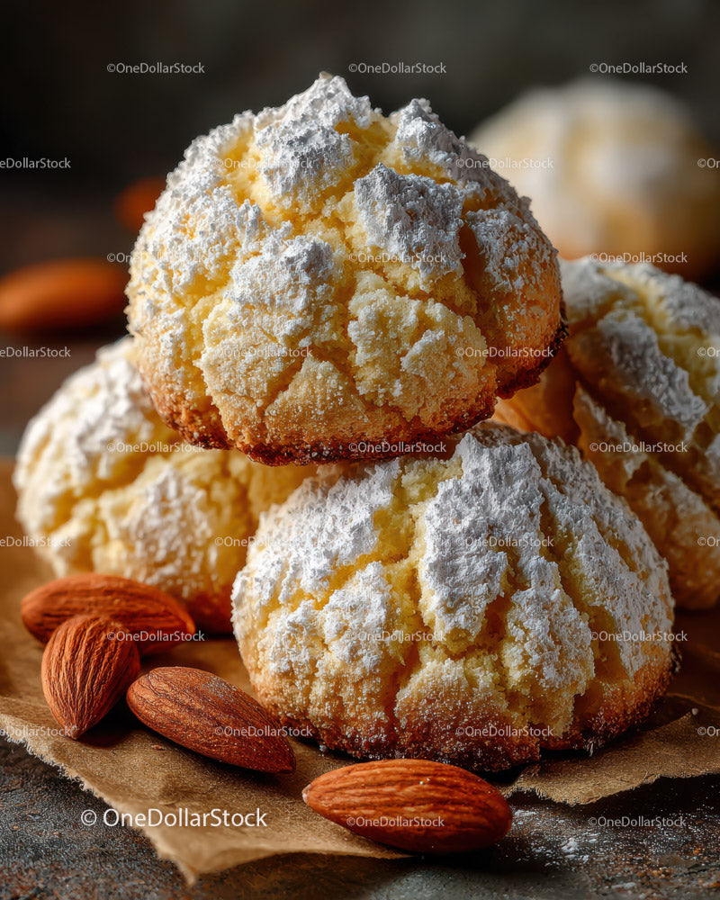 Almond Cookies with Powdered Sugar and Whole Almonds