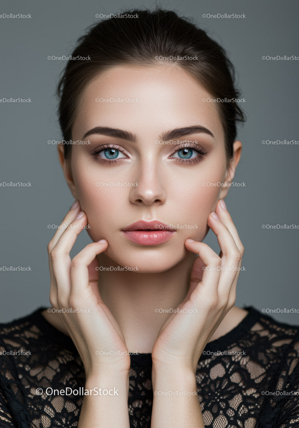 Elegant Woman with Blue Eyes and Natural Makeup in Studio Portrait