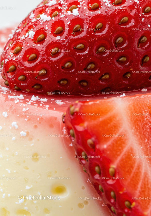 Close up of fresh strawberries with sugar on creamy dessert