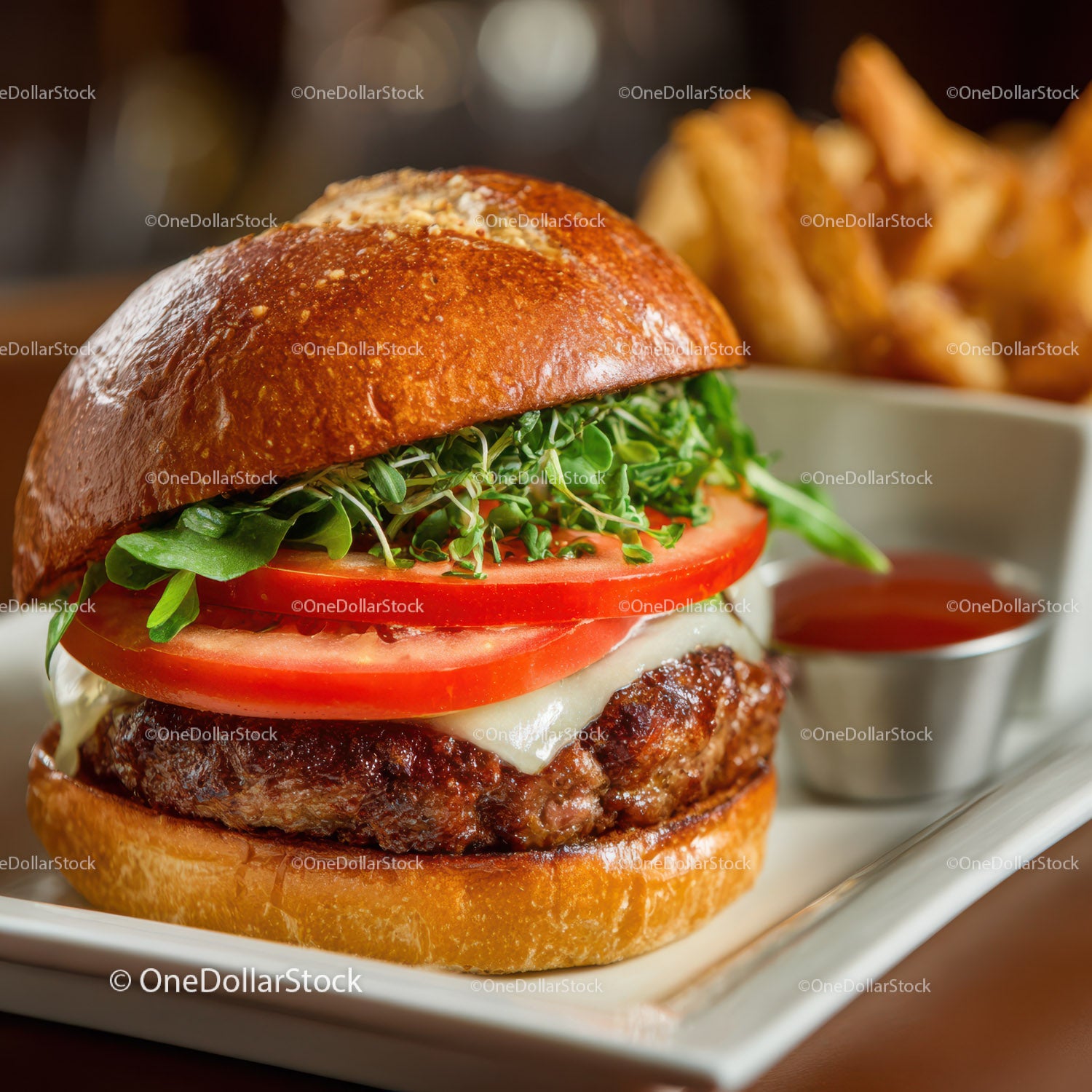 Juicy Cheeseburger with Fresh Vegetables and Crispy Fries