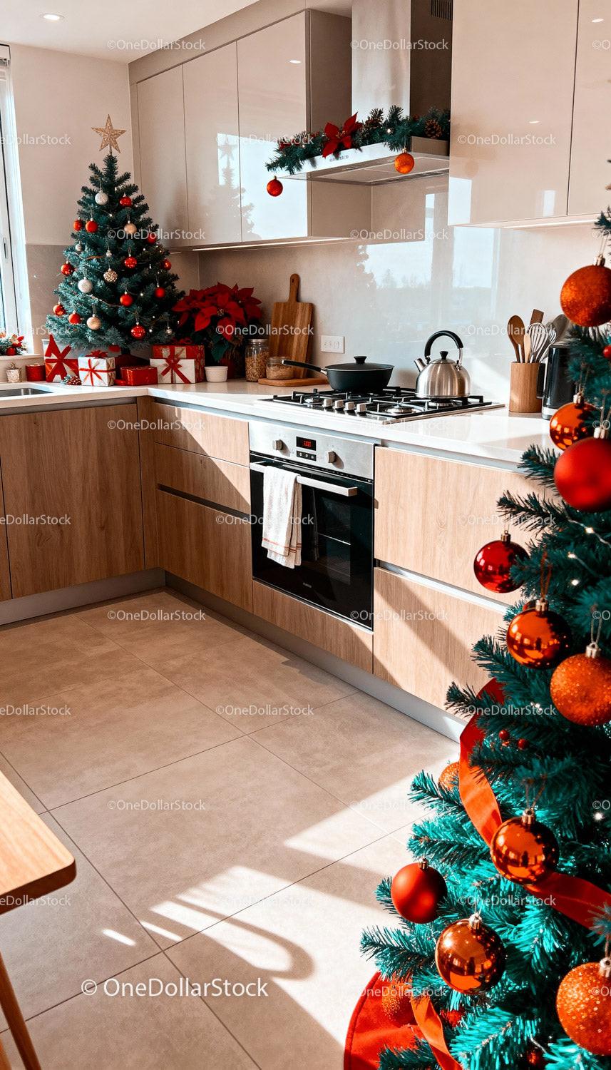 Modern kitchen decorated for warm Christmas celebration