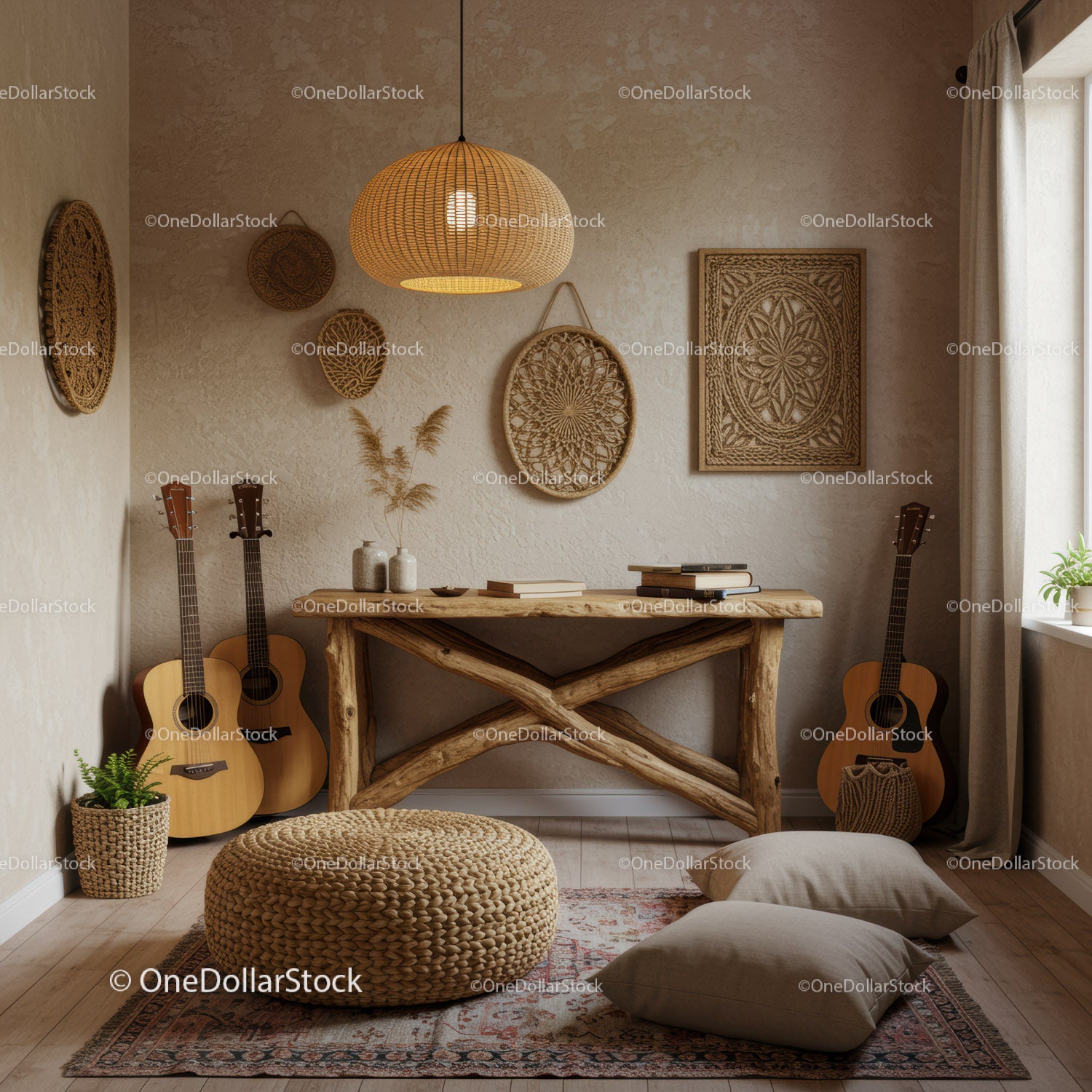 Przytulny, rustykalny kącik z gitarami i elementami wystroju boho