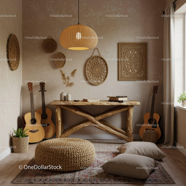 Cozy rustic corner with guitars and boho decor elements