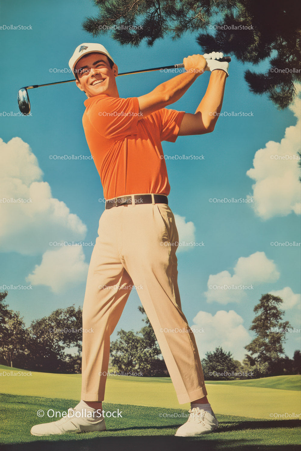 Male Golfer Swinging Club on Sunny Golf Course