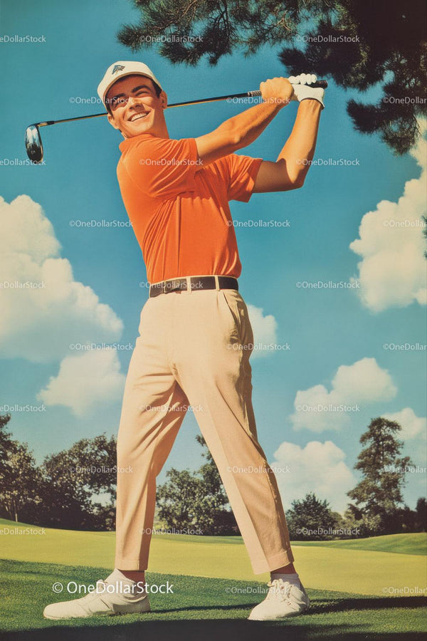 Man in Orange Shirt Holding Golf Club Mid Swing