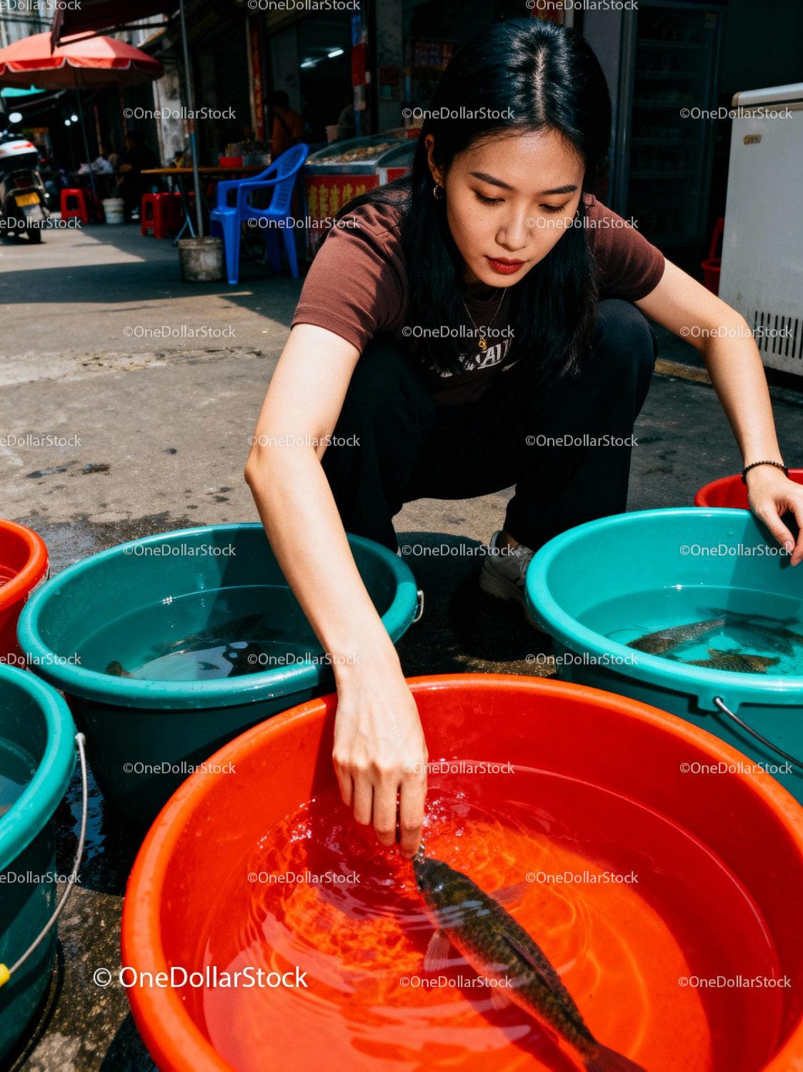 Young woman selecting fish in colorful street market tubs