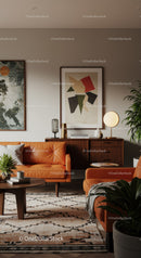 Cozy living room with modern orange leather sofas