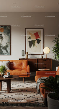 Cozy living room with modern orange leather sofas
