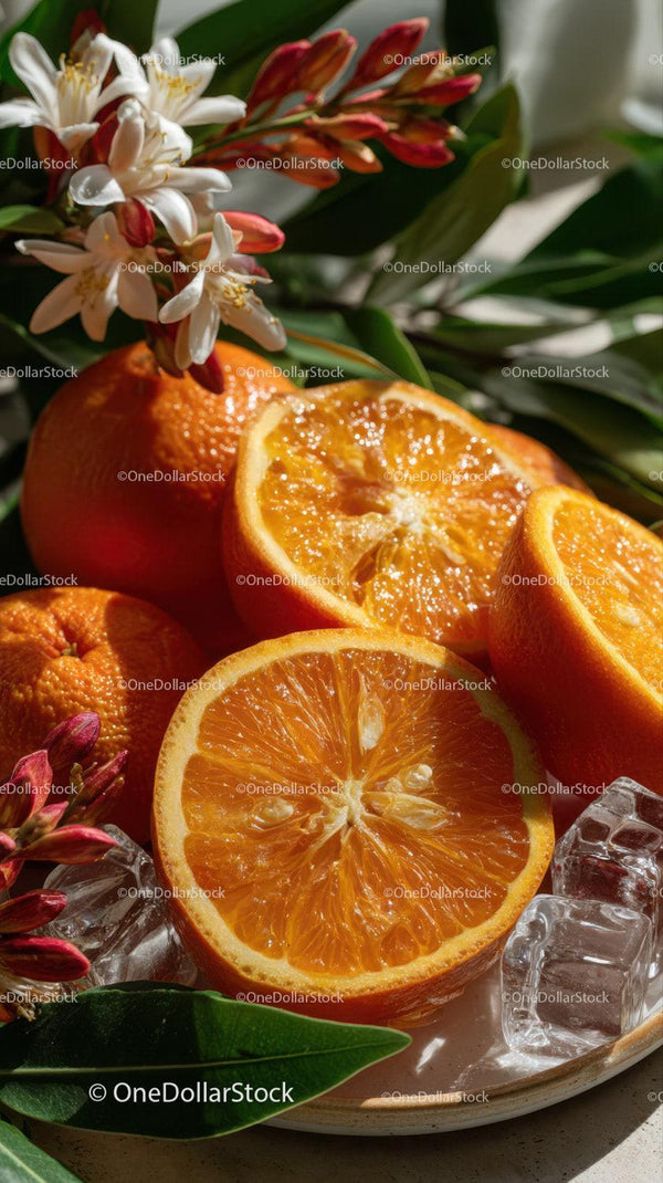 Fresh Orange Slices and Whole Oranges with Green Leaves and Ice