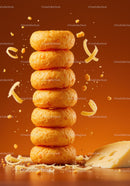 Stack of crispy cheese snacks with cheese curls flying