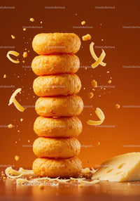 Stack of crispy cheese snacks with cheese curls flying