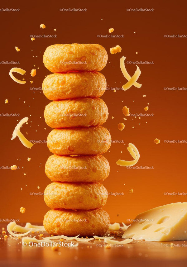 Stack of crispy cheese snacks with cheese curls flying
