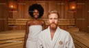 Couple Relaxing in Sauna with Wooden Interior and Cozy Atmosphere