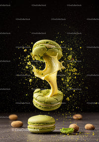 Green pistachio macarons bursting with creamy filling