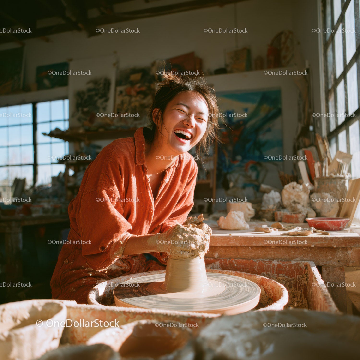 Joyful Woman Creating Handmade Pottery in Artistic Studio