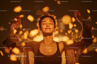 Serene Woman Meditating with Golden Glow and Floating Confetti