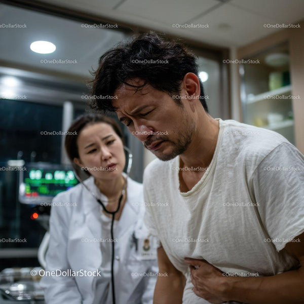 Man Experiencing Stomach Pain During Medical Consultation