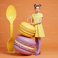 Young woman with giant macarons and oversized spoon