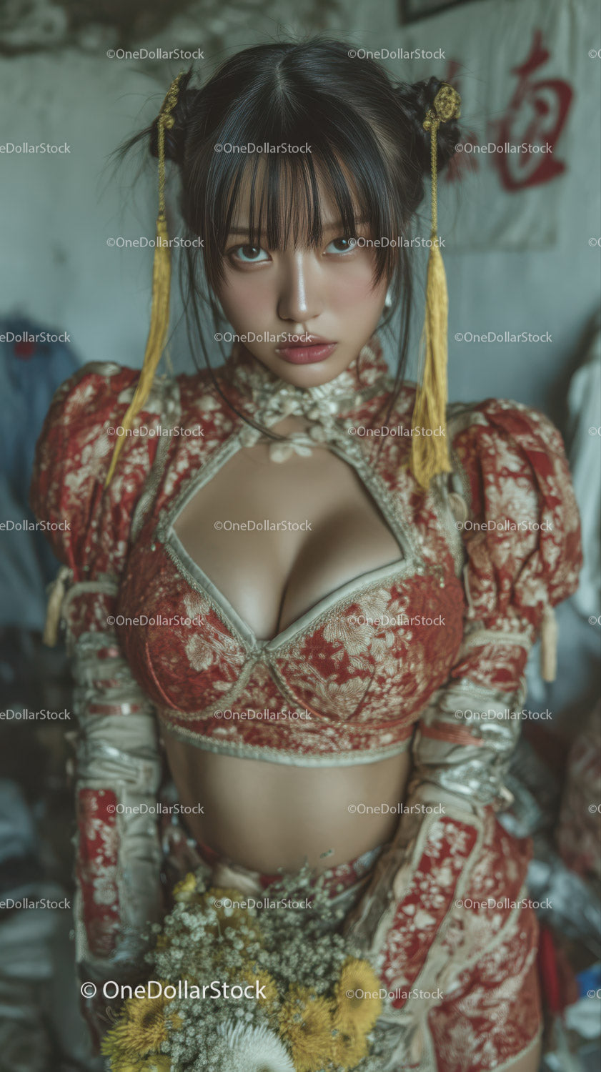 Young Woman in Ornate Red Brocade Dress with Modern Edgy Style