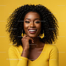 Vibrant Portrait of a Smiling Black Woman with Curly Hair in Yellow